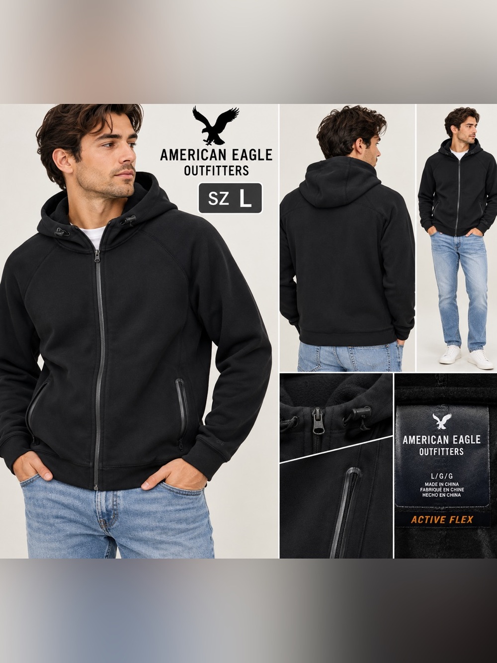 American Eagle Outfitters Men’s Black Zip-Up Hooded Windbreaker